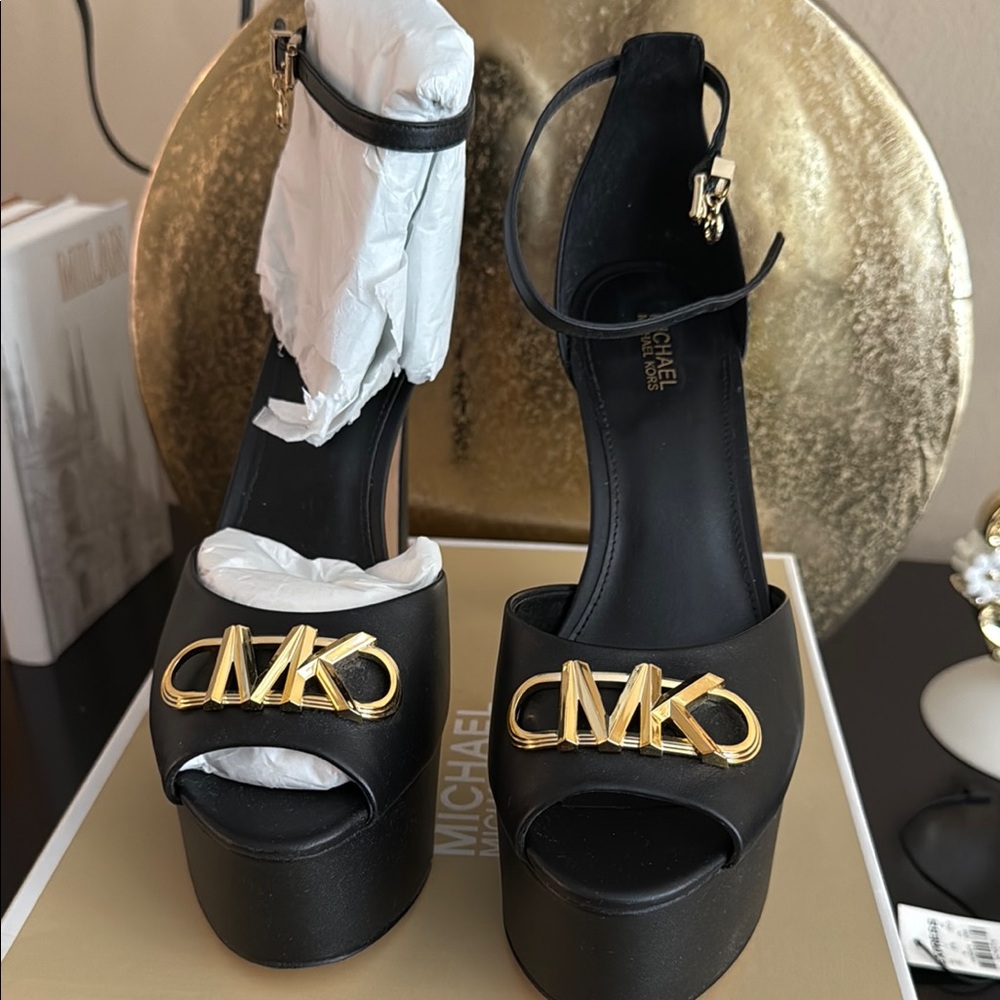 Michael Kors Black Platform Heels with Gold Accents-Martina Peep Toe Pump - Picture 6 of 7